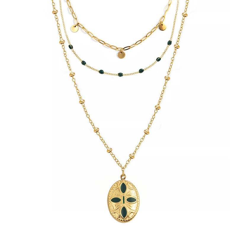 Wholesale Multilayer Oil Oval Pendant Stainless Steel Necklace
